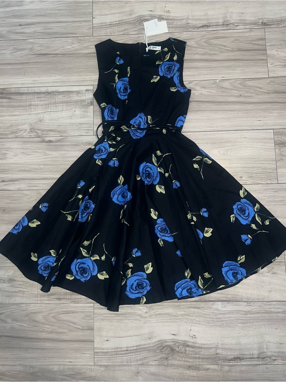Grace Karin Black Blue Rose Floral Fit & Flare Swing Dress NWT Size M